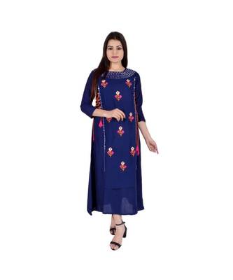 Womens Rayon Navy Straight Round Neck Ankle Length Kurti 1