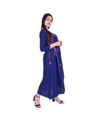 Womens Rayon Navy Straight Round Neck Ankle Length Kurti 2