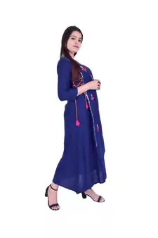 Womens Rayon Navy Straight Round Neck Ankle Length Kurti