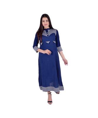Womens Rayon Blue Straight Mandarin NeckAnkle Length Kurti 1
