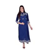Womens Rayon Blue Straight Mandarin NeckAnkle Length Kurti