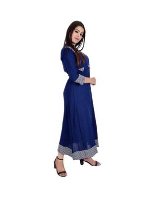 Womens Rayon Blue Straight Mandarin NeckAnkle Length Kurti 2