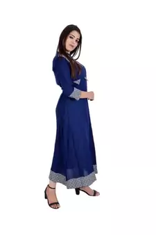 Womens Rayon Blue Straight Mandarin NeckAnkle Length Kurti