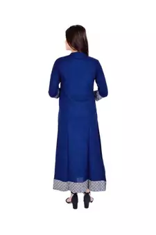 Womens Rayon Blue Straight Mandarin NeckAnkle Length Kurti