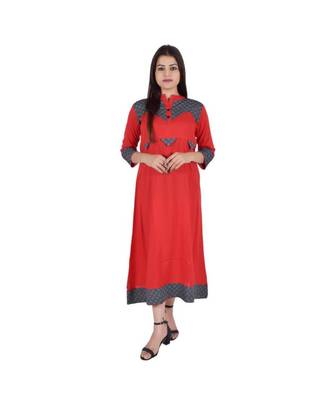 Womens Rayon Red Straight Mandarin NeckAnkle Length Kurti 1