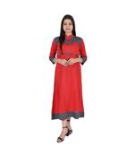 Womens Rayon Red Straight Mandarin NeckAnkle Length Kurti