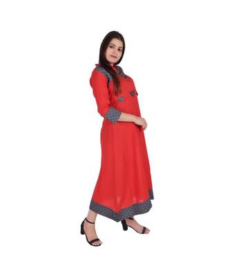 Womens Rayon Red Straight Mandarin NeckAnkle Length Kurti 2