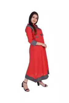 Womens Rayon Red Straight Mandarin NeckAnkle Length Kurti