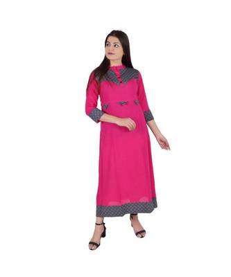 Womens Rayon Pink Straight Mandarin NeckAnkle Length Kurti 1