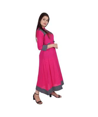 Womens Rayon Pink Straight Mandarin NeckAnkle Length Kurti 2