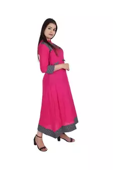 Womens Rayon Pink Straight Mandarin NeckAnkle Length Kurti