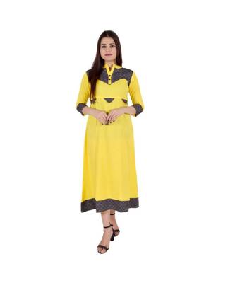 Womens Rayon Yellow Straight Mandarin NeckAnkle Length Kurti 1