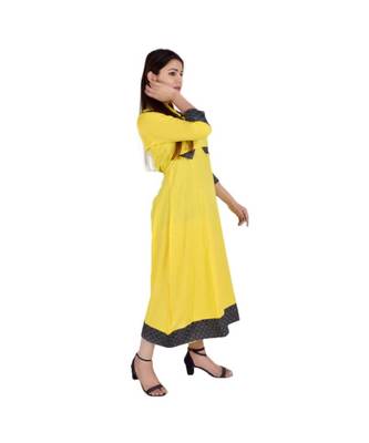 Womens Rayon Yellow Straight Mandarin NeckAnkle Length Kurti 2