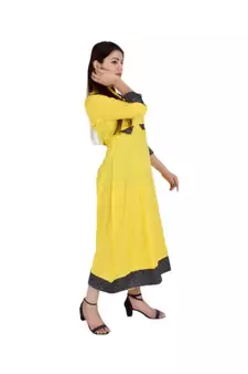 Womens Rayon Yellow Straight Mandarin NeckAnkle Length Kurti