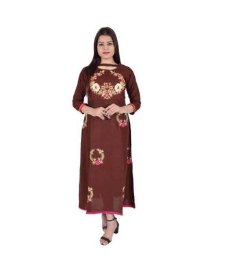Womens Rayon Brown Straight Chinese NeckAnkle Length Kurti 1