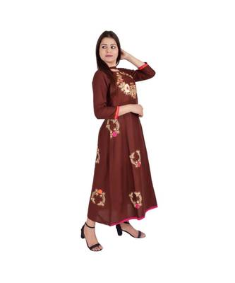 Womens Rayon Brown Straight Chinese NeckAnkle Length Kurti 2