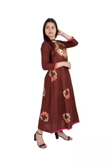 Womens Rayon Brown Straight Chinese NeckAnkle Length Kurti
