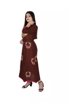 Womens Rayon Brown Straight Chinese NeckAnkle Length Kurti
