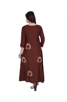 Womens Rayon Brown Straight Chinese NeckAnkle Length Kurti