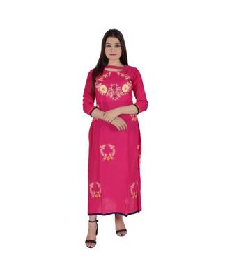Womens Rayon Pink Straight Chinese NeckAnkle Length Kurti 1