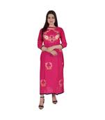 Womens Rayon Pink Straight Chinese NeckAnkle Length Kurti