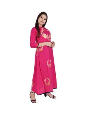 Womens Rayon Pink Straight Chinese NeckAnkle Length Kurti 2