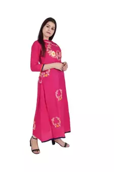 Womens Rayon Pink Straight Chinese NeckAnkle Length Kurti