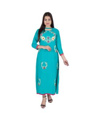 Womens Rayon Turquoise Straight Chinese NeckAnkle Length Kurti 1