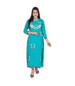 Womens Rayon Turquoise Straight Chinese NeckAnkle Length Kurti