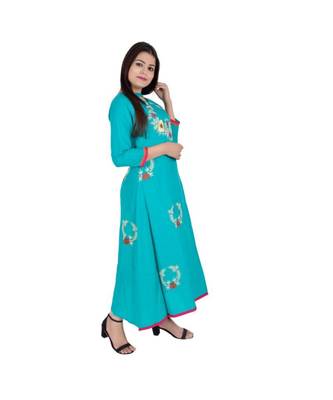 Womens Rayon Turquoise Straight Chinese NeckAnkle Length Kurti 2
