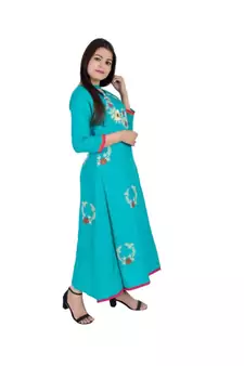 Womens Rayon Turquoise Straight Chinese NeckAnkle Length Kurti