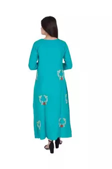 Womens Rayon Turquoise Straight Chinese NeckAnkle Length Kurti