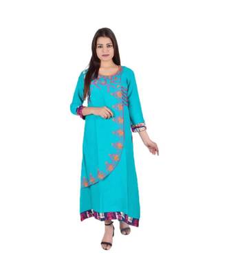 Womens Rayon Turquoise Straight Boat NeckAnkle Length Kurti 1
