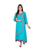 Womens Rayon Turquoise Straight Boat NeckAnkle Length Kurti