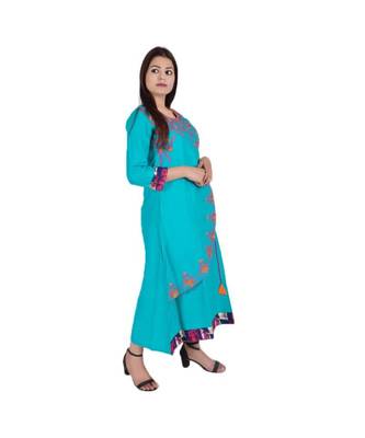 Womens Rayon Turquoise Straight Boat NeckAnkle Length Kurti 2