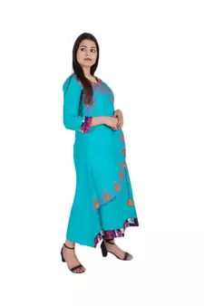 Womens Rayon Turquoise Straight Boat NeckAnkle Length Kurti