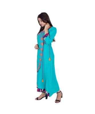 Womens Rayon Turquoise Straight Boat NeckAnkle Length Kurti 3