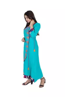 Womens Rayon Turquoise Straight Boat NeckAnkle Length Kurti
