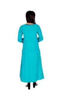 Womens Rayon Turquoise Straight Boat NeckAnkle Length Kurti