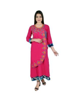 Womens Rayon Pink Straight Boat NeckAnkle Length Kurti 1