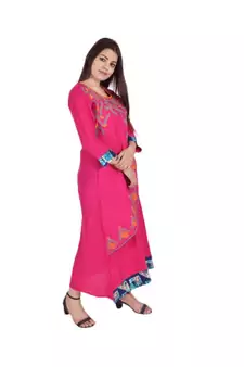 Womens Rayon Pink Straight Boat NeckAnkle Length Kurti