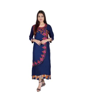 Womens Rayon Navy Straight Boat NeckAnkle Length Kurti 1