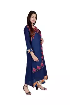 Womens Rayon Navy Straight Boat NeckAnkle Length Kurti