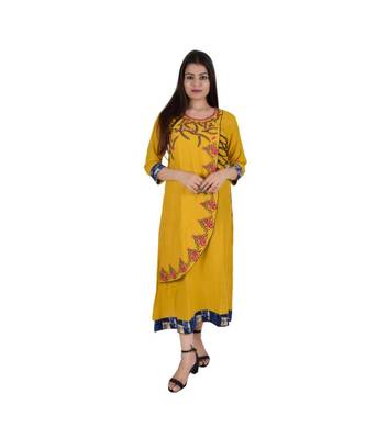 Womens Rayon Yellow Straight Boat NeckAnkle Length Kurti 1