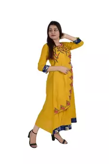 Womens Rayon Yellow Straight Boat NeckAnkle Length Kurti