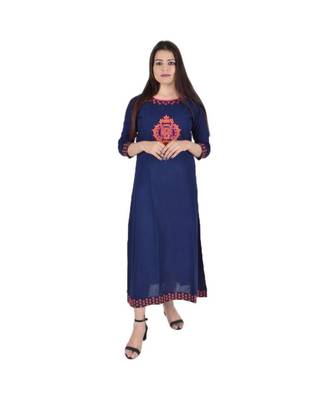 Womens Rayon Navy Straight Round Neck Ankle Length Kurti 1
