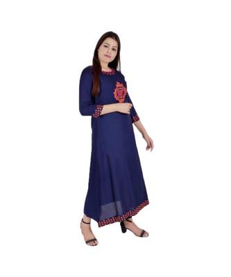 Womens Rayon Navy Straight Round Neck Ankle Length Kurti 2