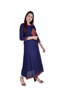 Womens Rayon Navy Straight Round Neck Ankle Length Kurti