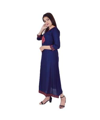 Womens Rayon Navy Straight Round Neck Ankle Length Kurti 3