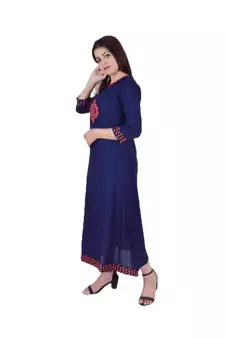 Womens Rayon Navy Straight Round Neck Ankle Length Kurti